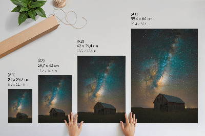 Poster na stenu Nočná obloha s hviezdami a Mliečna dráha nad stodolou