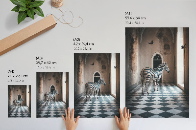 Poster na stenu Zebra na pozadí architektúry s vtákmi za letu