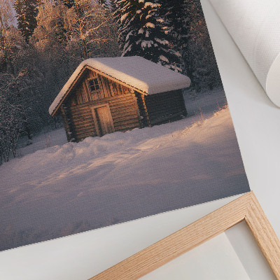 Plagát Zimný les drevená chata pokoj harmónia príroda