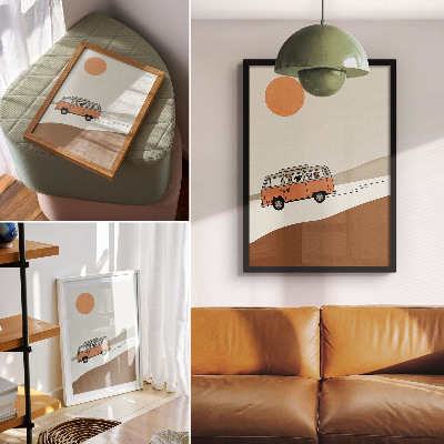 Plagát do obývačky minimalistická dovolenka v oranžovom karavane