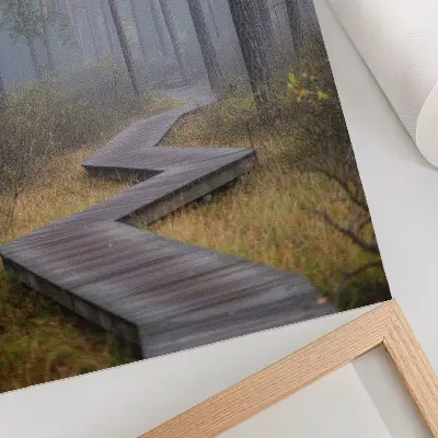 Drevený chodník medzi stromami v hmle plagát na stenu