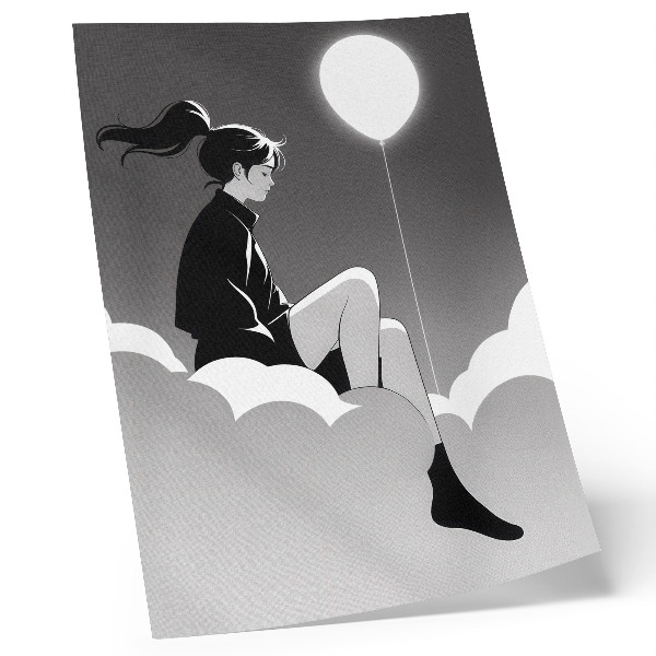 Plagát Postava na oblaku s balónom v minimalistickom štýle
