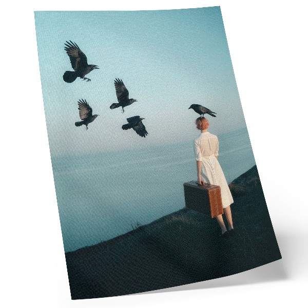 Poster na stenu Žena s kufrom vtáky obloha surrealizmus