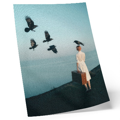 Poster na stenu Žena s kufrom vtáky obloha surrealizmus