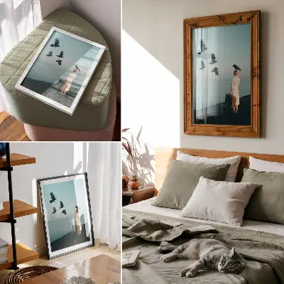 Poster na stenu surrealistický motív ženy s kufrom, vtákmi a oblohou