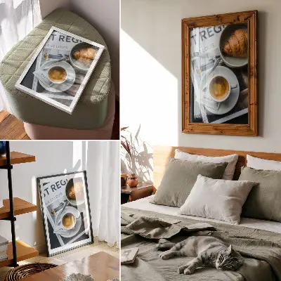 Plagát na stenu čiernobiele elegantné pozadie s kávou a croissantom pre chvíle relaxácie