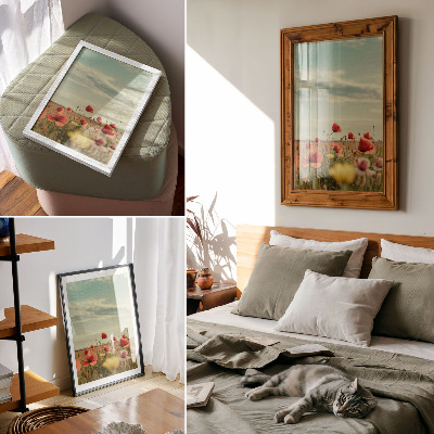 Plagát do obývačky Makové pole pod modrou oblohou, pastelová elegancia