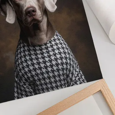 Plagát do obývačky pes v baretovej vzorovanej veste znázorňujúci eleganciu