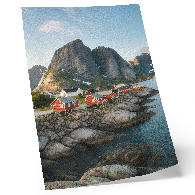 Poster na stenu Červené domy fjord hory západ slnka