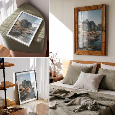 Poster na stenu Červené domy fjord hory západ slnka