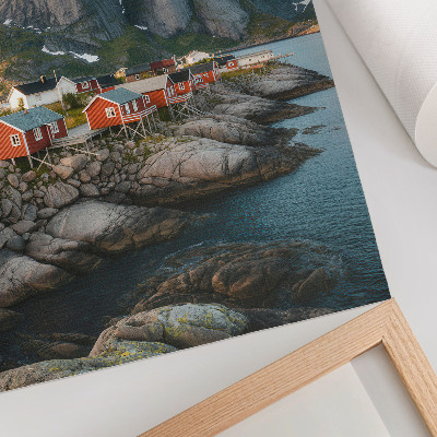 Poster na stenu Červené domy fjord hory západ slnka