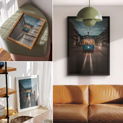 Plagát na stenu večerné mestské električkové svetlá v retro štýle