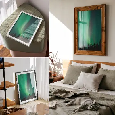 Plagát magická príroda s aurorou a zelenými stromami v noci