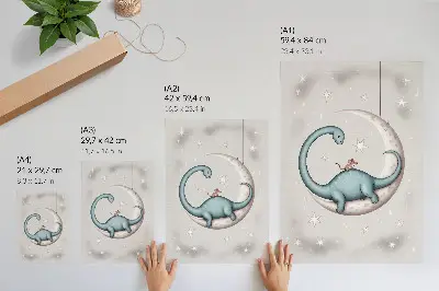 Plagát do obývačky dinosaurus na mesiaci s pastelovými hviezdami v priestore