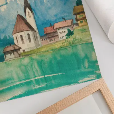 Plagát do obývačky akvarelová maľba kostola v horách s motívom prírody a pokoja