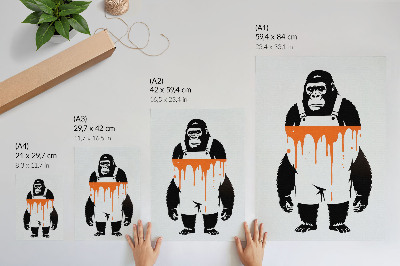 Poster na stenu Gorila v montérkach na žiarivo oranžovom pozadí