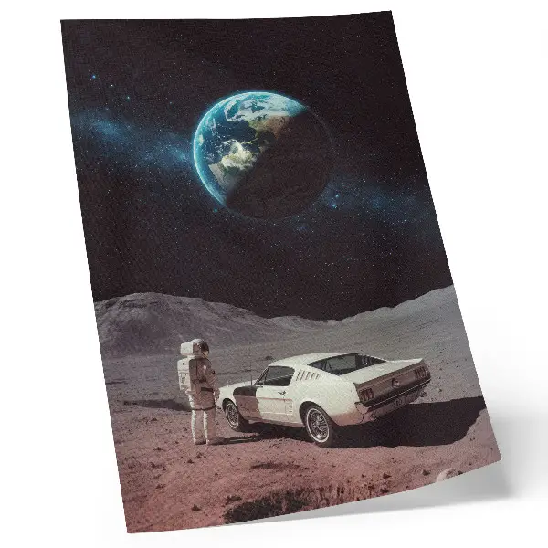 Plagát do obývačky astronaut na Mesiaci s autom, Zemou a hviezdami