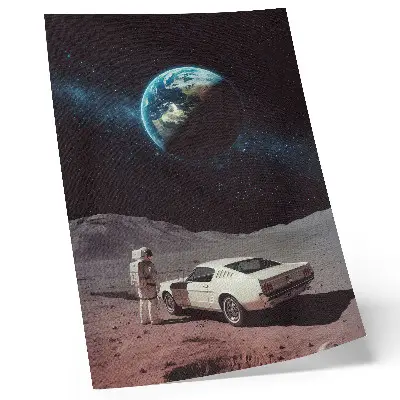 Plagát do obývačky astronaut na Mesiaci s autom, Zemou a hviezdami