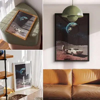 Plagát do obývačky astronaut na Mesiaci s autom, Zemou a hviezdami