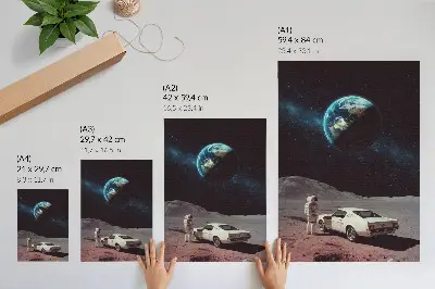 Plagát do obývačky astronaut na Mesiaci s autom, Zemou a hviezdami
