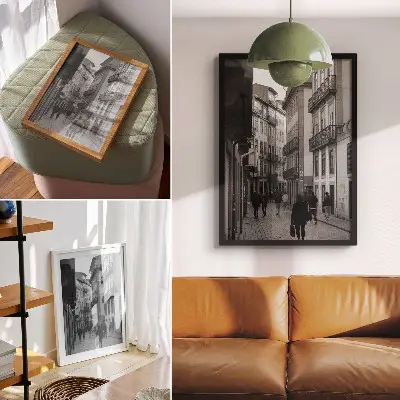 Plagát na stenu ulica s čiernobielou architektúrou a ľuďmi