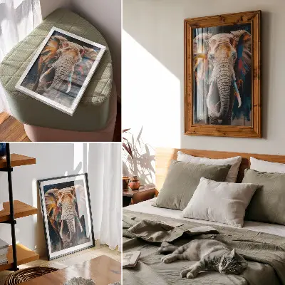 Plagát na stenu farebná silueta slona v surrealistickom štýle s modernými prvkami