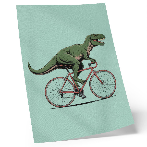 Plagát do obývačky Zelený dinosaurus na bicykli na tyrkysovom pozadí