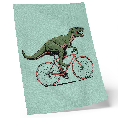 Plagát do obývačky Zelený dinosaurus na bicykli na tyrkysovom pozadí
