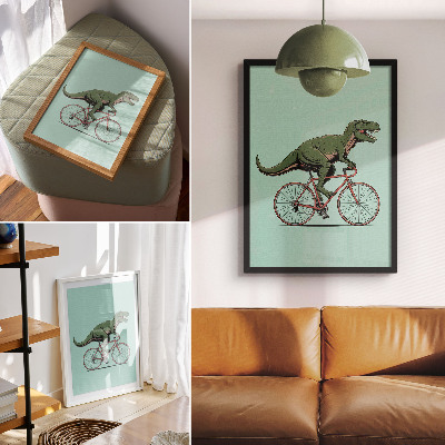 Plagát do obývačky Zelený dinosaurus na bicykli na tyrkysovom pozadí