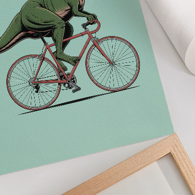 Plagát do obývačky Zelený dinosaurus na bicykli na tyrkysovom pozadí