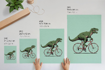 Plagát do obývačky Zelený dinosaurus na bicykli na tyrkysovom pozadí