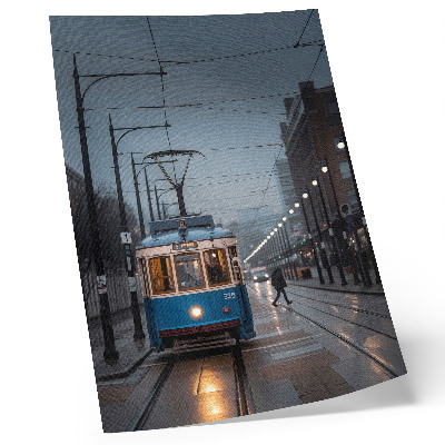 Poster na stenu Modrá električka, daždivý deň, mestský život