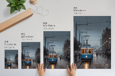 Poster na stenu Modrá električka, daždivý deň, mestský život