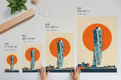 Plagát do obývačky oranžové slnko s moderným mrakodrapom a geometrickými tvarmi