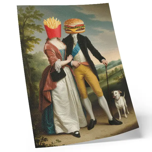 Plagát do obývačky surrealistická scéna s humornou hlavou, hranolčekmi a hamburgerom