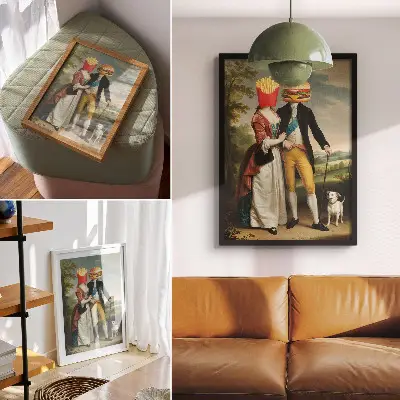 Plagát do obývačky surrealistická scéna s humornou hlavou, hranolčekmi a hamburgerom