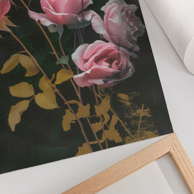 Poster na stenu Ružové ruže, zelené listy, zlaté akcenty, elegancia