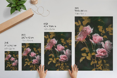 Poster na stenu Ružové ruže, zelené listy, zlaté akcenty, elegancia
