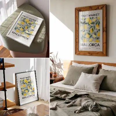 Plagát citrónovo zelené listy na modrom pozadí bez bodiek
