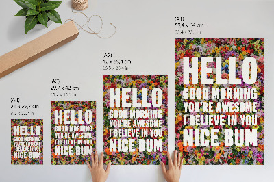 Plagát do obývačky Farebné kvety s bielym textom, moderná typografia