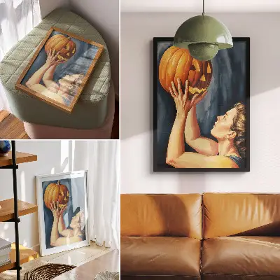 Plagát oranžová tekvica na tmavomodrom pozadí v štýle surrealizmu