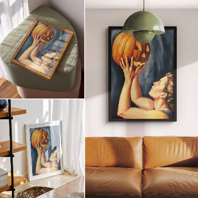 Plagát Oranžová tekvica tmavo modré pozadie surrealizmus