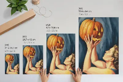 Plagát oranžová tekvica na tmavomodrom pozadí v štýle surrealizmu