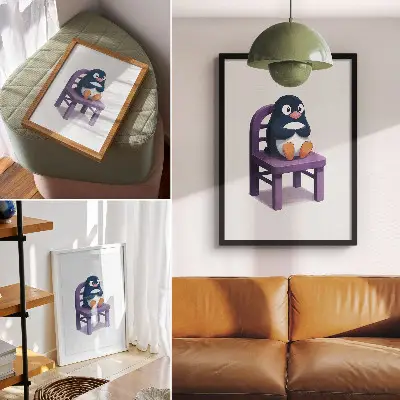 Plagát do obývačky fialový tučniak na stoličke v minimalistickom štýle Radosť