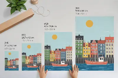 Poster na stenu farebné činžiakové domy s člnom na vode počas jasného dňa