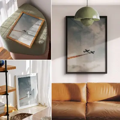 Plagát dve lietadlá na oblohe v minimalistickom štýle