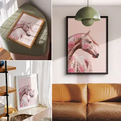 Plagát na stenu kôň s kvetmi v romantickom a modernom štýle