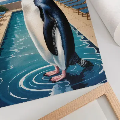 Plagát tučniak pri bazéne s palmami a morom počas relaxácie