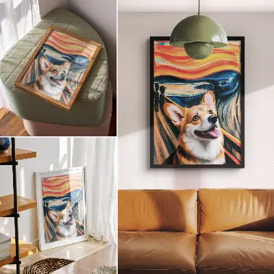 Poster na stenu s motívom roztomilého psíka s dynamickými farbami a výraznými kontrastmi