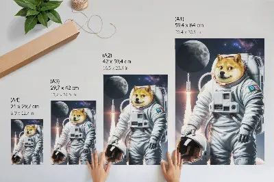 Plagát pes v skafandri s vesmírnou raketou a mesačným outfitom